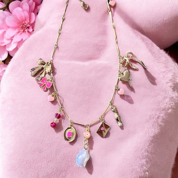 Pink bows and love charms charm necklace. Gold toned delicate chain 15.5”-17.5” - Picture 6 of 16